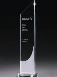 Glastrophäe "Frozen High Tower Award" mit Lasergravur
