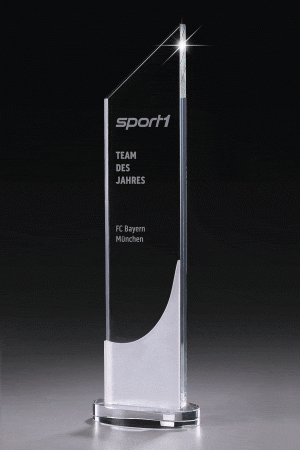 Glastrophäe "Frozen High Tower Award" mit Lasergravur
