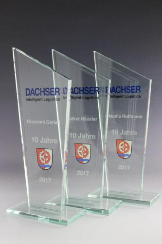 Glastrophäen mit Lasergravur, Folienschnitt und Digitaldruck