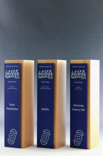 Glastrophäen der Holz Cubix Kollektion mit UV-Direktdruck