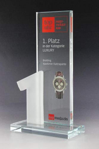 Glastrophäe mit Lasergravur und Digitaldruck